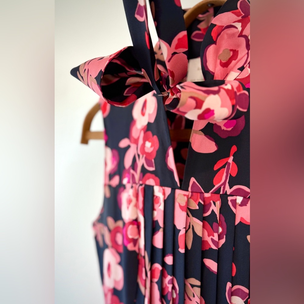 Kate Spade New York Shadow Bud Black and Pink Silk Print Pleated Floral Dress - Picture 11 of 16